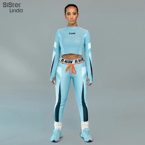 Sisterlinda Letter Print Skinny Fitness Tracksuit Sets Women Elasticity T-Shirts Tops And Pants Leggings Two Pices Suits Mujer